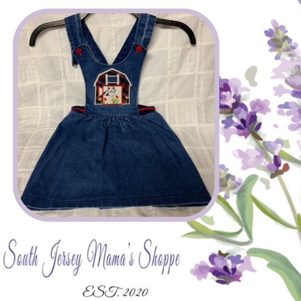 Vintage 1980s Girl Size 4T Doe Spun Denim Skirt Romper Farm Design (C163)